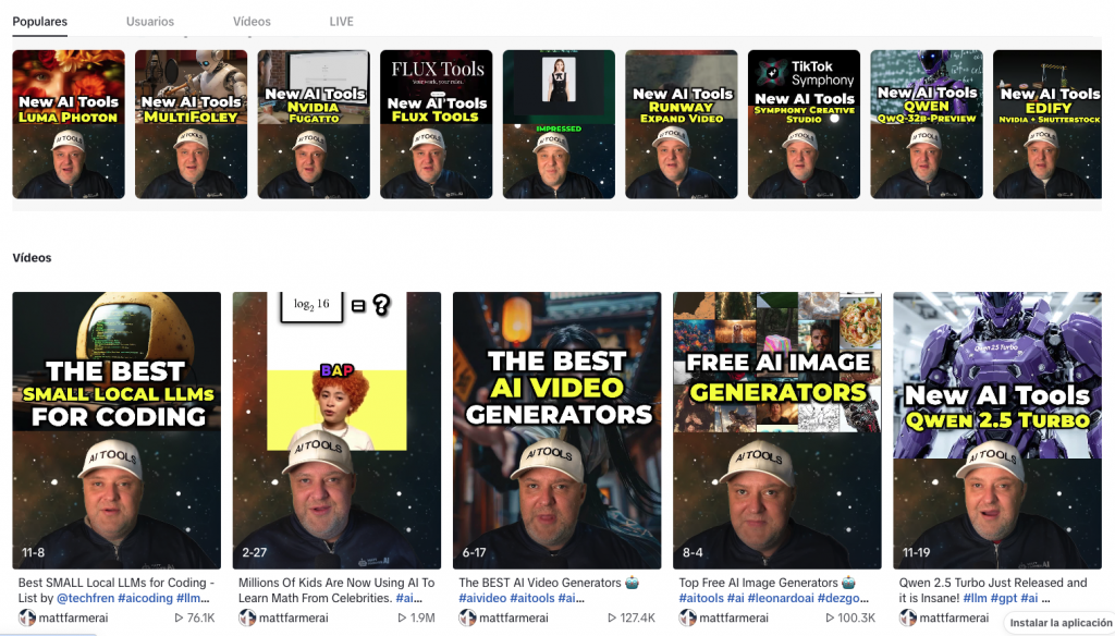 Perfil de TikTok @mattfarmerai mostrando lanzamientos recientes de IA